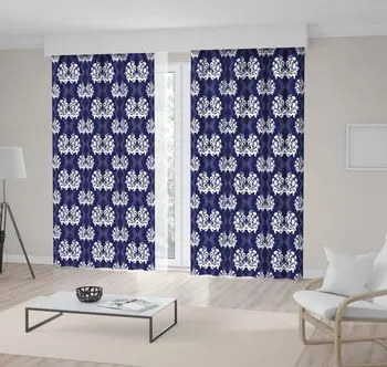 

Curtain Floral Artwork Vertical Wavy Lines Motifs Ornaments Navy Blue and White Classic Print