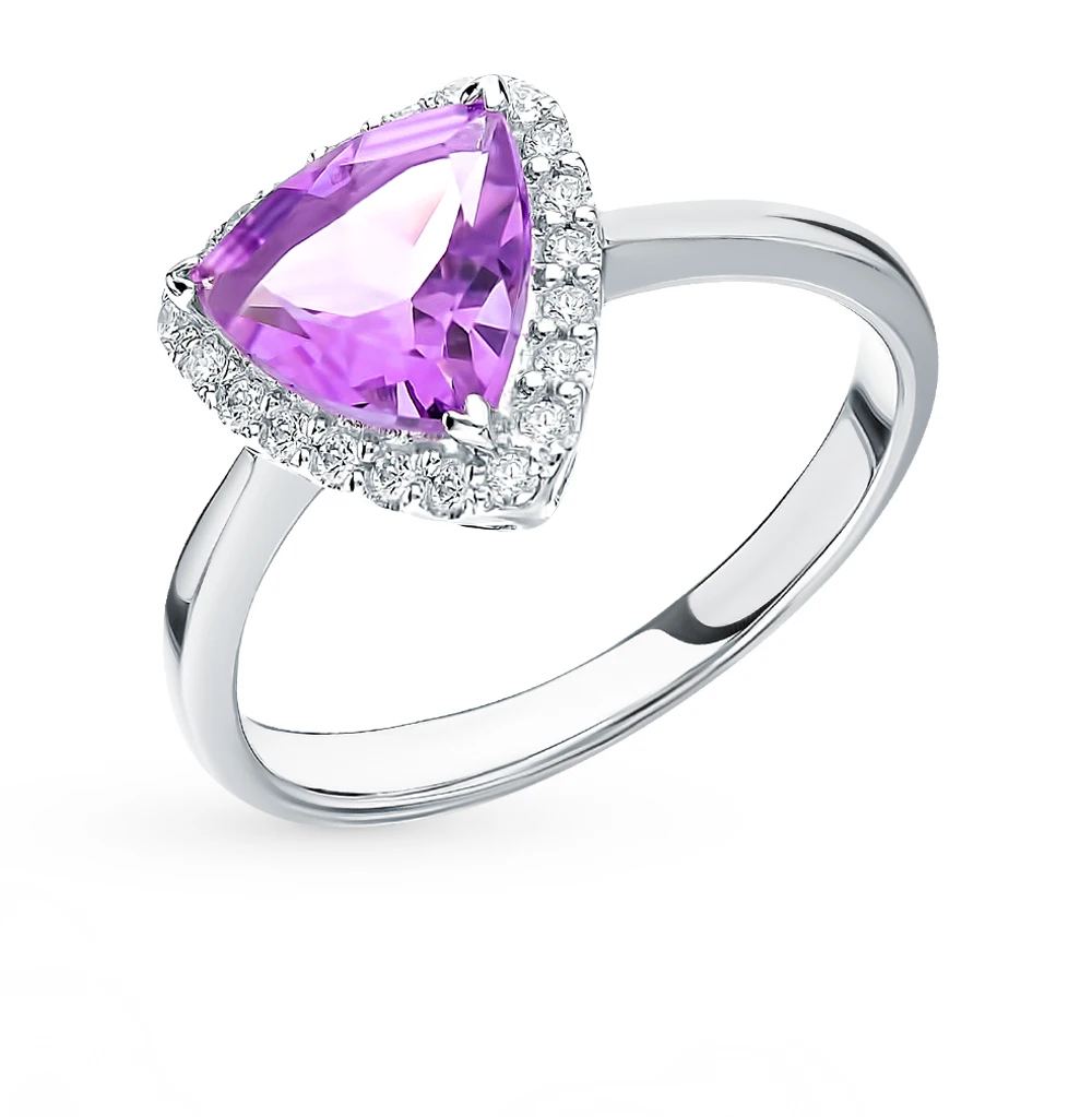 Серебряное кольцо с аметистом и фианитами SUNLIGHT проба 925|Кольца| |