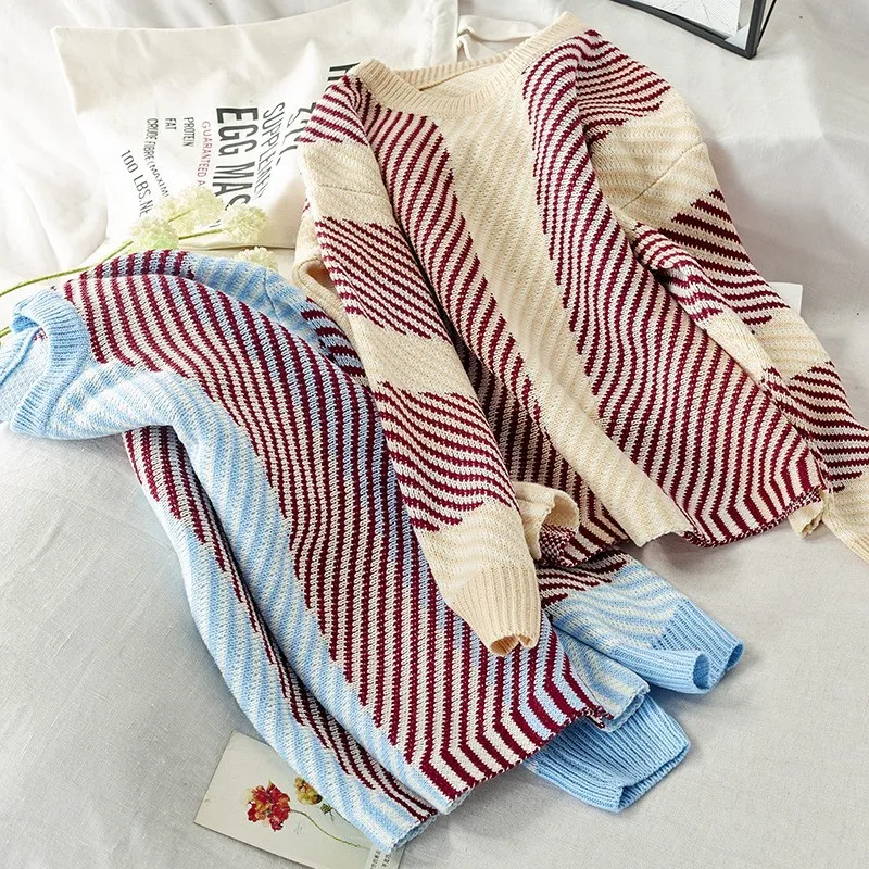 

NiceMix 2019 Harajuku New Arrival Women Casual Pullovers Sweaters Knitted Sweater Autumn Loose Striped O Neck Sweaters autumn