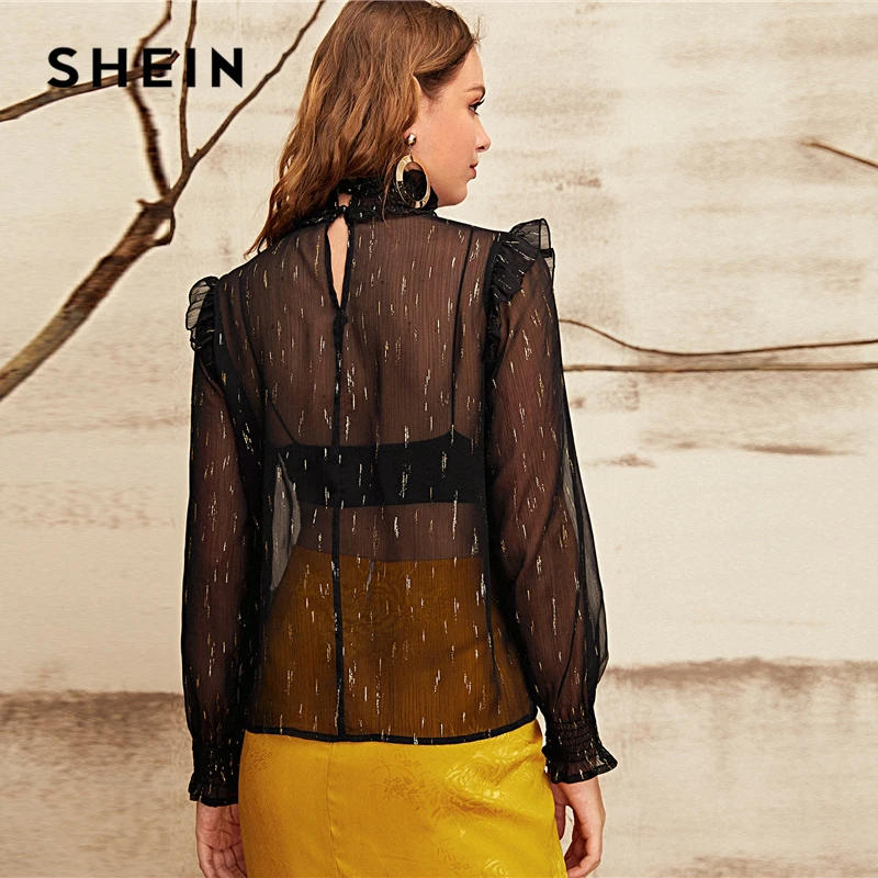 Koop SHEIN Shirred Hals En Manchet Gold Print Chiffon Blouse Zonder Beha Vrouwen Tops 2019 Herfst Bisschop Mouwen Lady Ruffle Sexy blouses