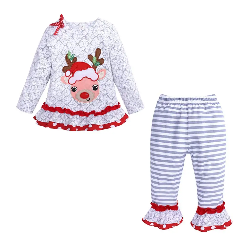

Girl Ugly Christmas Outfit Set Deer Pattern with Bow Little Kids Long Sleeve Cotton Striped Children Pants Clothing Set