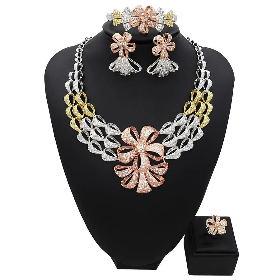 TSROUND роскошный цветок Bowkot набор ромбовидных украшений три тона Африка Дубай свадебное ожерелье серьги кольцо браслет