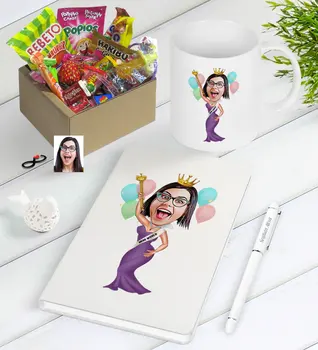 

Personalized Miss World Caricature Of Nostalgic Lezzetler Notebook Pen Mug Gift set