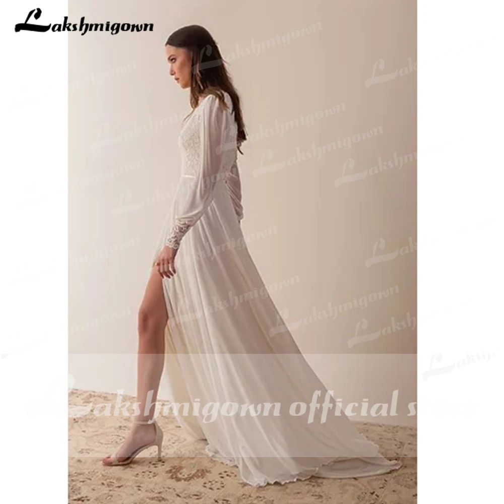 reception dress for bride Lakshmigown Ivory Lace Chiffon Long Sleeves V-Neck Split Skirt Boho Beach Wedding Dresses Vestidos Long Beach Bridal Gown bridesmaid