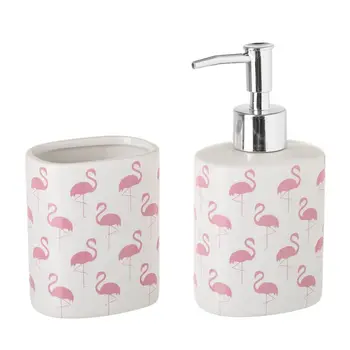 

JUEGO SET BAÑO FLAMENCO CERÁMICA 8 X 6 X 16 CM DISPENSADOR DE JABON TAZA PARA CEPILLOS DE DIENTE