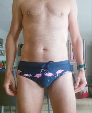 Calzoncillos triangulares de nailon y poliéster para hombre, ropa de baño con dibujo de flamenco, pantalones cortos de baño para playa, bañadores al por mayor