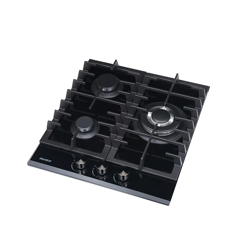 Встраиваемая панель с газконтролем, с чугунными решетками AVEX HM 4534 B, WOK, электро-поджиг, черное закаленное стекло - Цвет: Черное стекло