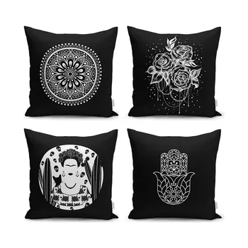 

Frida Kahlo Designed 4-Piece Pillow Case Set Modern Black Pattern Digital Printed Decorative