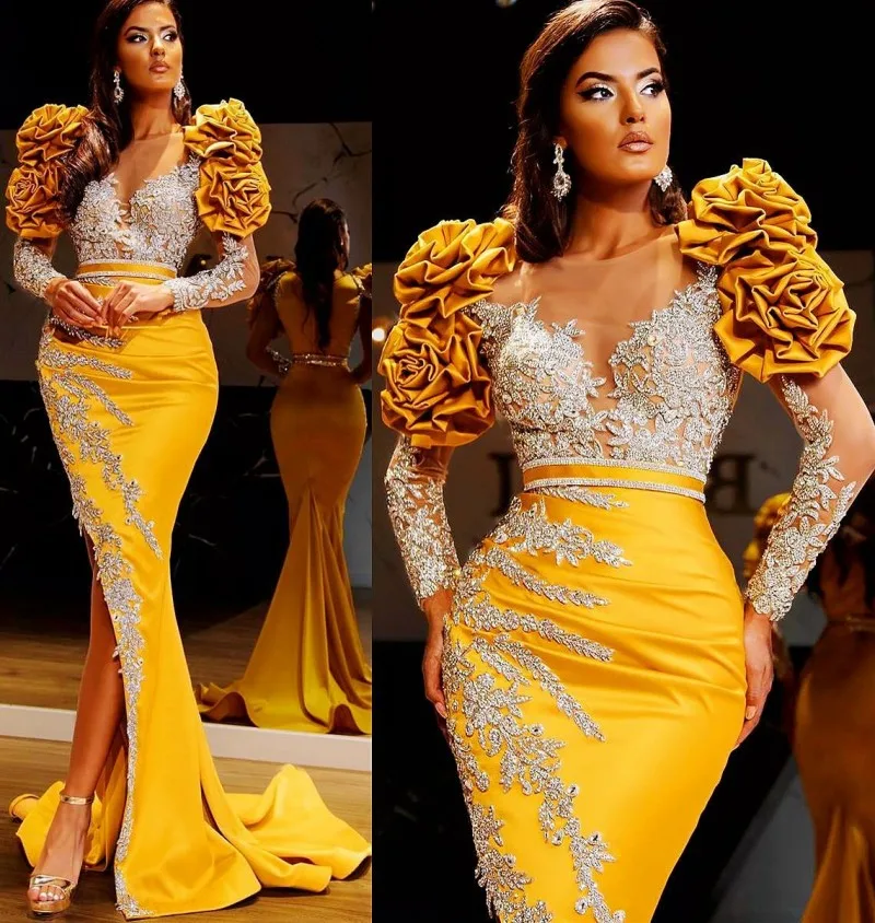 Charming Yellow Mermaid Prom Dresses Sheer Neck Lace Applique Sequined Evening Gowns For Women Party Second Reception Gowns ball gown dress