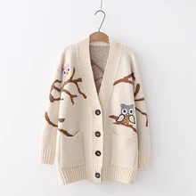 Obrix теплый сладкий весна осень свободный женский кардиган с v-образным вырезом однобортный хлопок длинный рукав животное кардиган с вышивкой