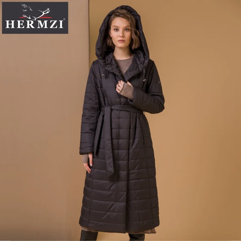 Hermzi Женское утепленное пальто с капюшомом и поясом, утеплитель Thinsulate