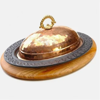 

Ottoman Turkish Palace Style Cast Iron Service Plate + Wood Base + Copper Cap + Heater Wire Base 28x20 cm (Oval)