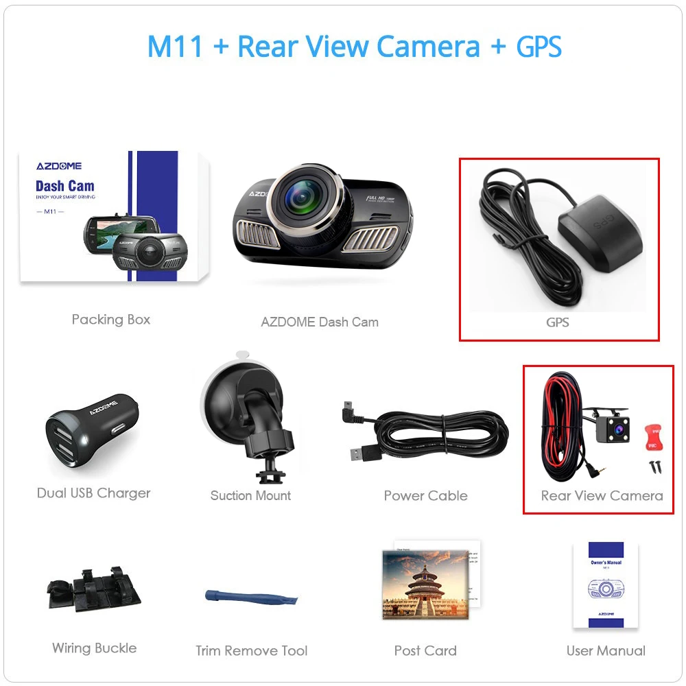 M11-RVC-HWK-GPS AZDOME M11 DVR 24H монитор парковки Автомобильная камера мини Dashcam двойной объектив Ночное Видение Поддержка gps 1080P заднего вида видеорегистратор - Название цвета: M11-RVC-HWK-GPS
