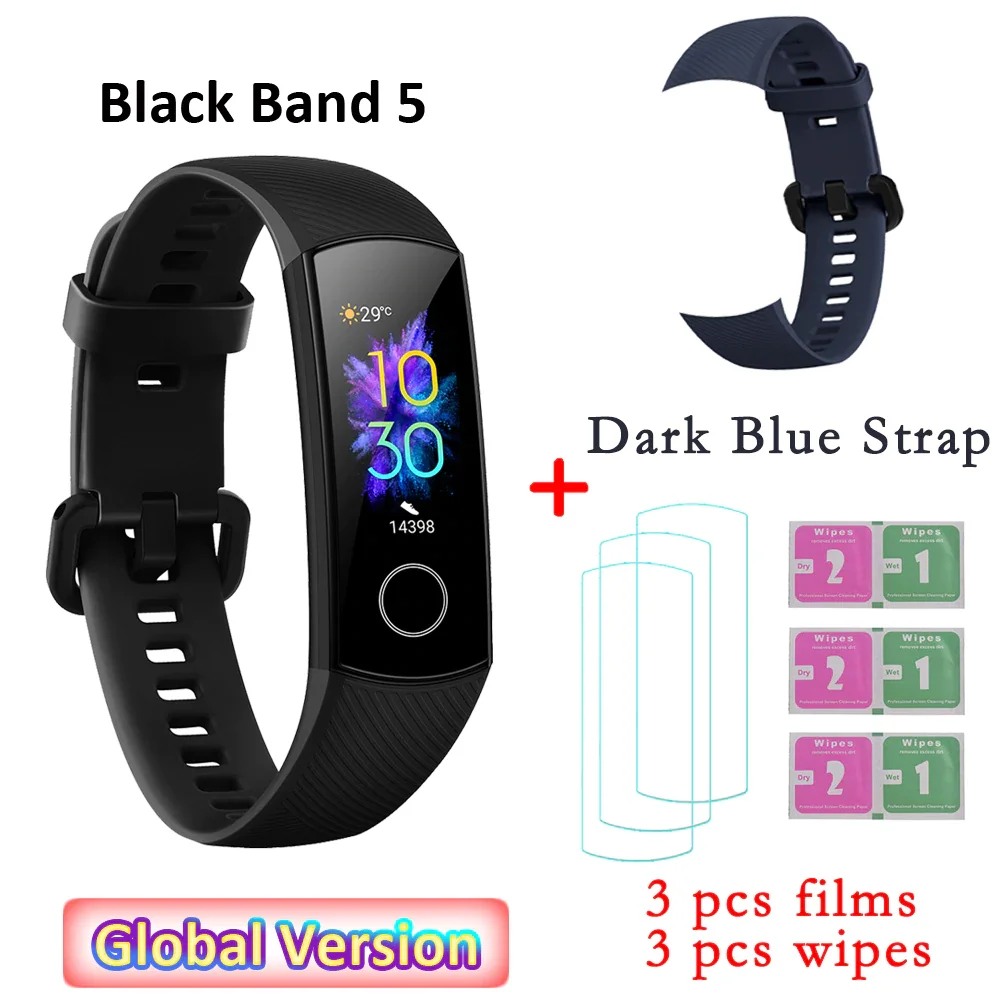 Global Versio huawei Honor Band 5 4, умный Браслет, умный браслет, шагомер, сенсорный экран, для плавания, сердечного ритма, сна, монитор - Цвет: DBL strap and 3 film