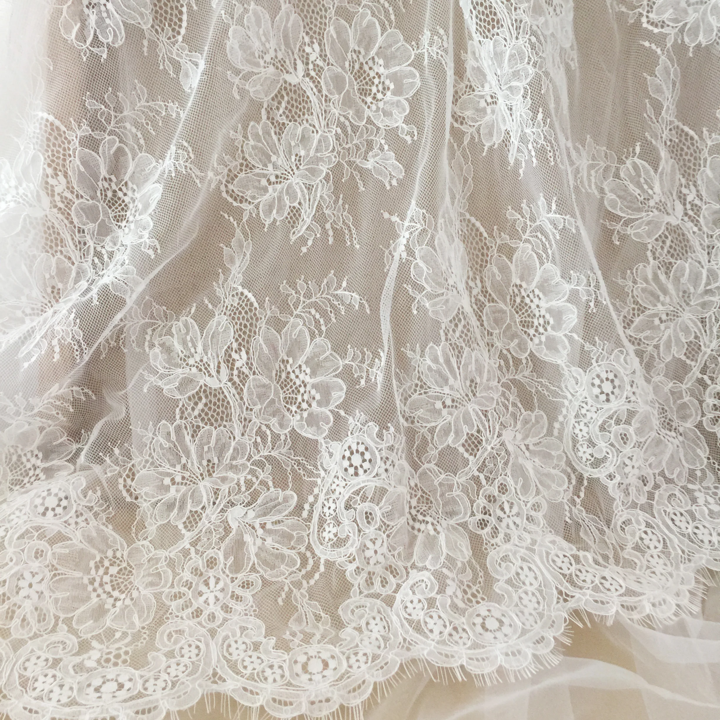 3 Yards French Made Fine Geometric Couture Alencon Embroidery Lace Fabric at 150cm wide, Couture Wedding Gown Fabric