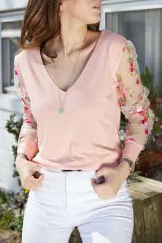 

BEYON WOMEN'S POWDER SLEEVE EMBROIDERED V-NECK BLOUSE TOP COMFORTABLE FOR DAILY USE CHIC WIDE WHOLESALE TRANSPARENT SLEEVE DETAI