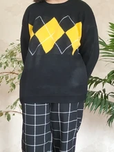 Jerséis de estilo coreano con estampado geométrico para otoño e invierno, jerséis de punto holgados de gran tamaño con cuello redondo, jersey de Mujer