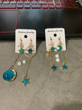 Pendientes asimétricos de círculo azul esmaltado para mujer, de estilo coreano, estrella, Luna, planeta, no perforados, regalo de fiesta