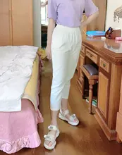 Pantalones de lino y algodón para mujer, pantalón harén holgado, informal, con cintura elástica, Color liso, para primavera y verano