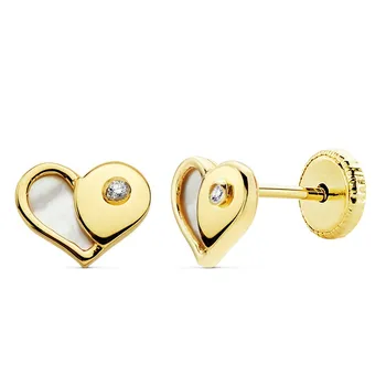 

Earrings 18k gold girl 7mm. Mother-of-pearl heart cubic zirconia [AC0133]