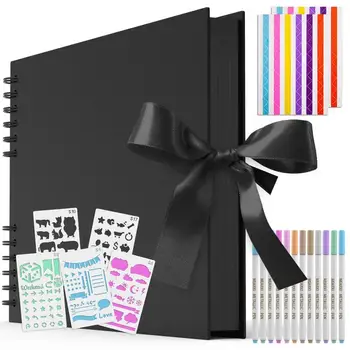 

80Pages Black Photo Albums DIY Scrapbook Paper Picture with 12 Marker Pens Colorful Photo Corners