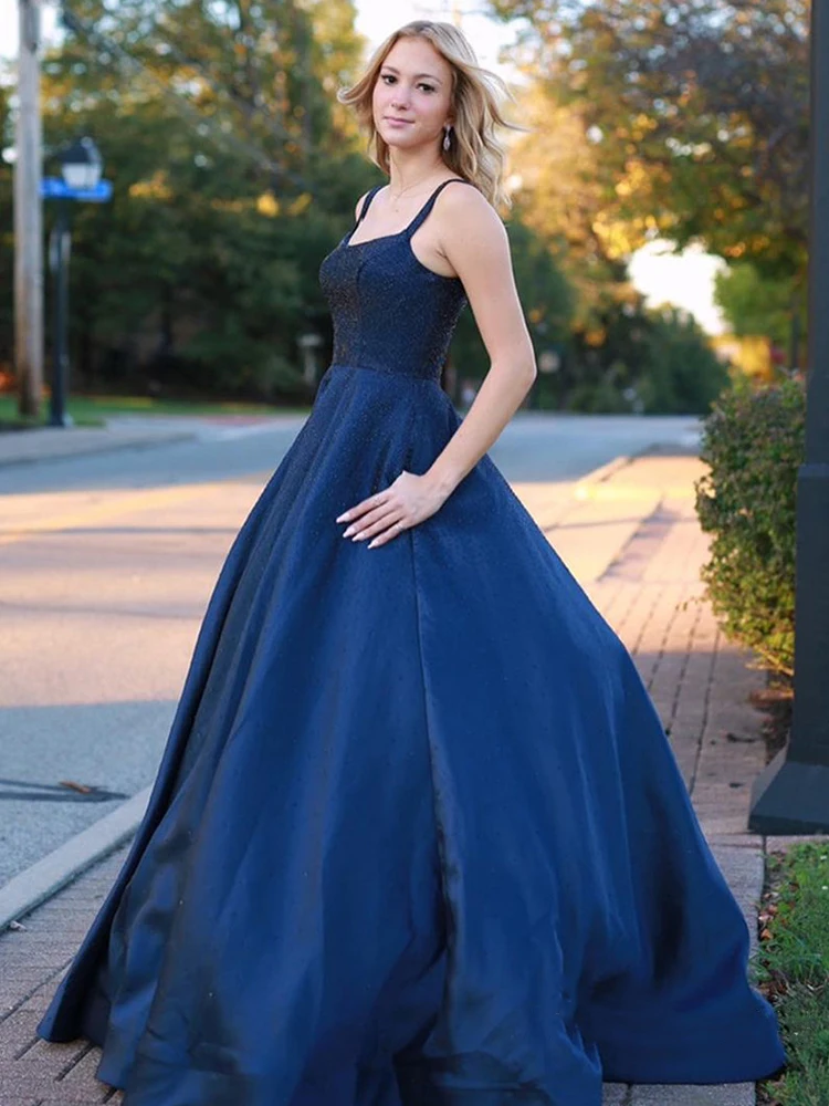 long prom dresses A-Line Navy Spaghetti Straps Backless Prom Dress No Split Prom Dress Sleeveless Mermaid Sweetheart Formal Party Dress 2022 New white prom dress