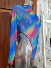 Mono ajustado de malla transparente para mujer, traje Sexy creativo de manga larga con cuello alto y teñido y estampado aleatorio para verano
