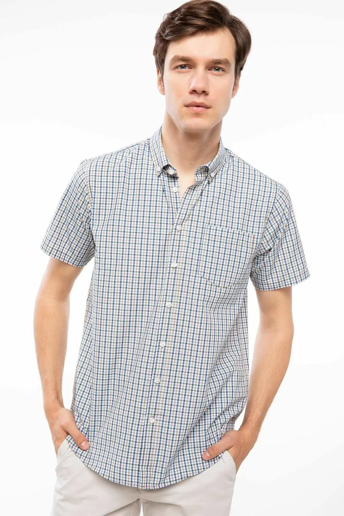 DeFacto Men Plaid Pattern Shirts Short Sleeve Casual Shirts Men Fashion Lapel Collar Shirt- I7892AZ18SMBE376-I7892AZ18SM - Цвет: Бежевый