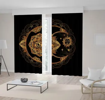 

Curtain Mandala Face Eye in Golden Crescent Moon and Sun Linear Spiritual Design Floral Artwork Black Yellow