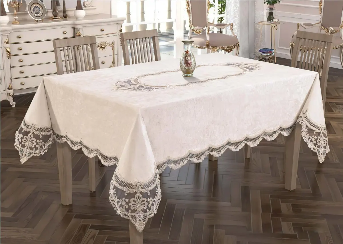 

Smyrna Model Velvet Lace Embroidered Luxury Care-free Non-slip Tablecloth