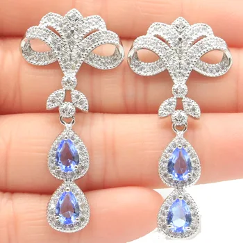 

46x22mm Romantic Created Rich Blue Violet Tanzanite White Cubic Zirconia Silver Earrings