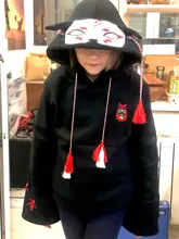 Lindo japonés de la calle de moda de las mujeres sudaderas con capucha Harajuku Kawaii oreja de zorro Sudadera con capucha Sakura bordado de terciopelo Tops Jersey