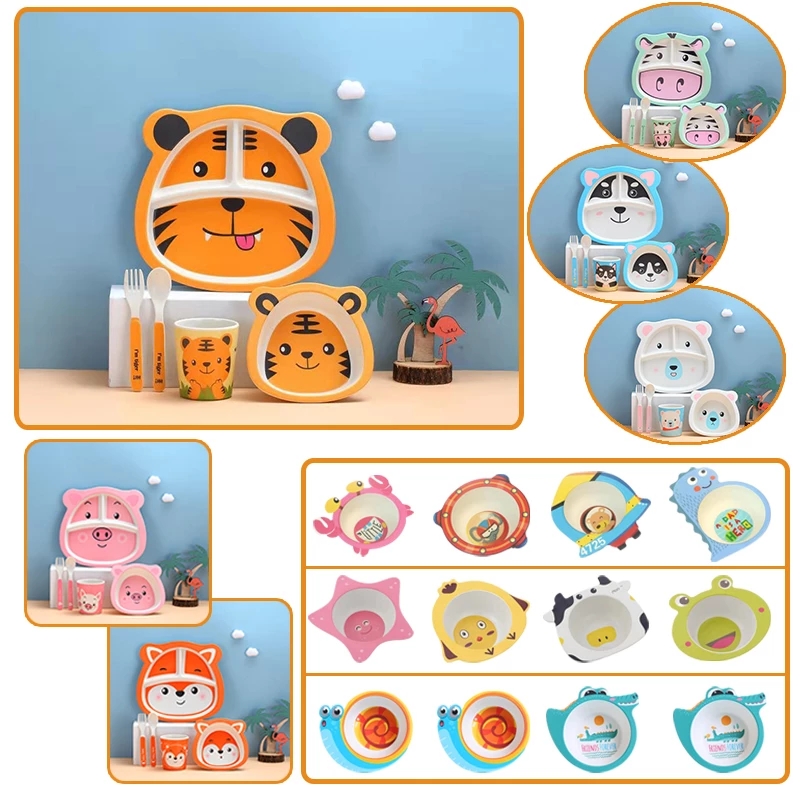Baby Natural Bamboo Fiber Tableware Bowl Baby Feeding Plate Children Cute Cartoon Bowl Set