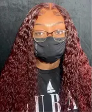 Pelucas frontales de encaje de cabello humano Borgoña, prearrancadas, rizadas, con encaje frontal, densidad completa del 200%, 99j pelo rizado, nudos blanqueados