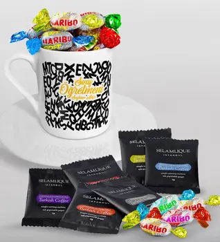 

Personalized Class Teacher Turkish coffee Cup Selamlique Mixed Turkish Coffee House and Haribo Candy Gift Seti-13