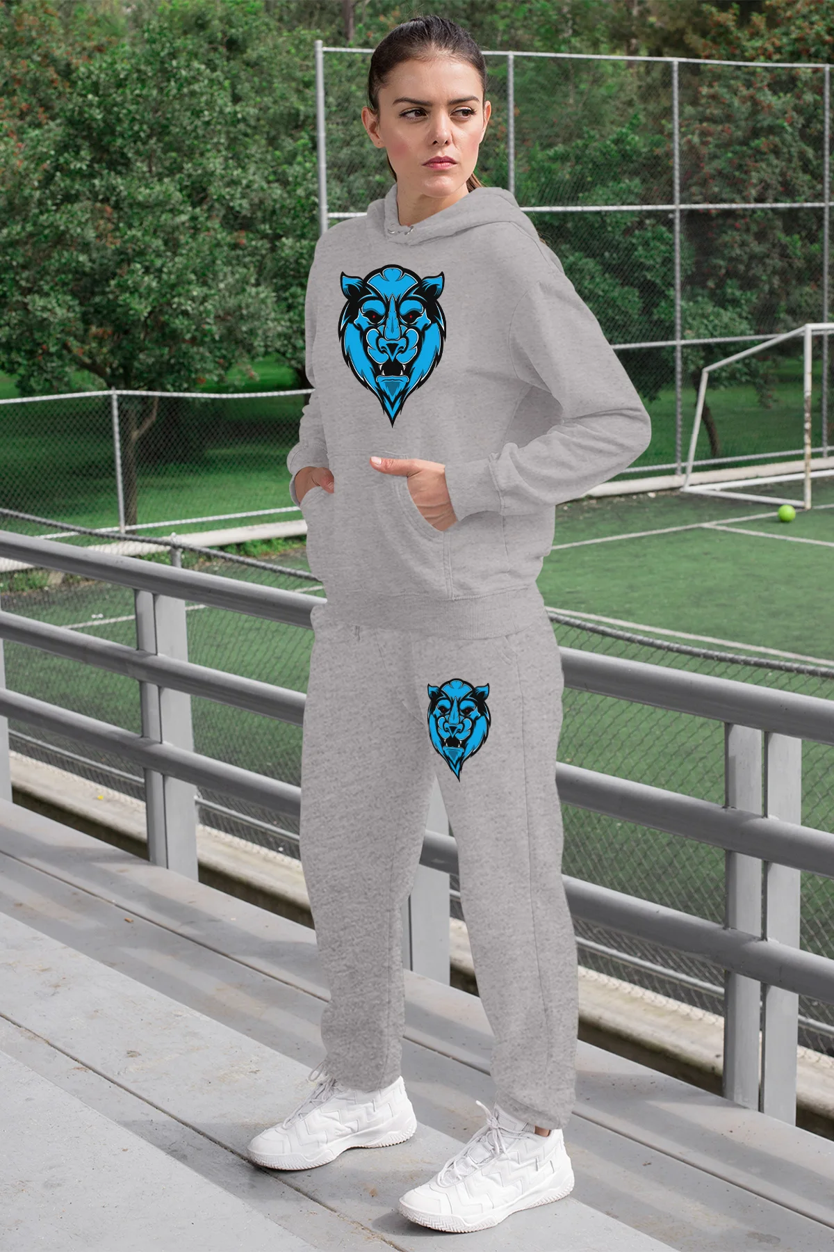 Angemiel Wear Tigress Tiger Women 'S Tracksuit Set Gray Hooded Sweatshirt Sweatpants |