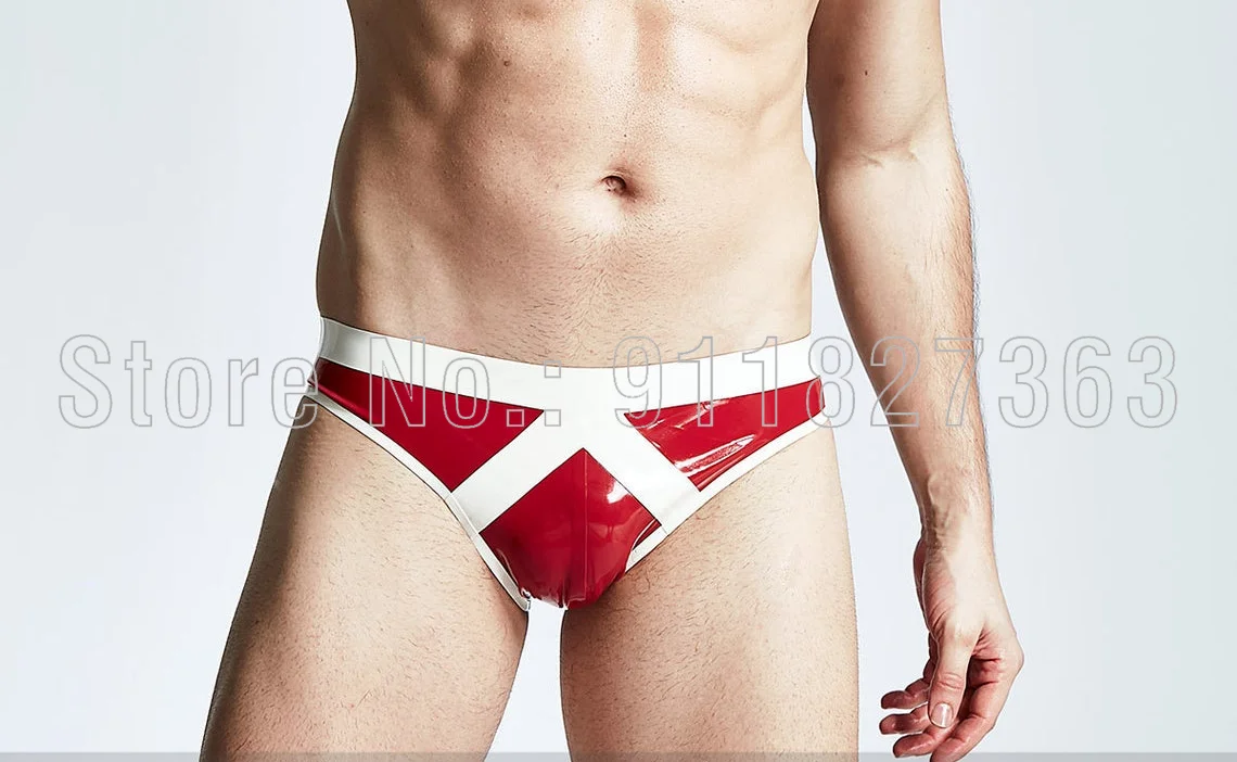 Sexy Rubber Male 100% Handmade Latex Briefs Man Shorts Red with White Trims Supply Plus Size Customized