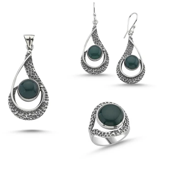 

Silver 925 Sterling Green Agate Stone Handwork Set