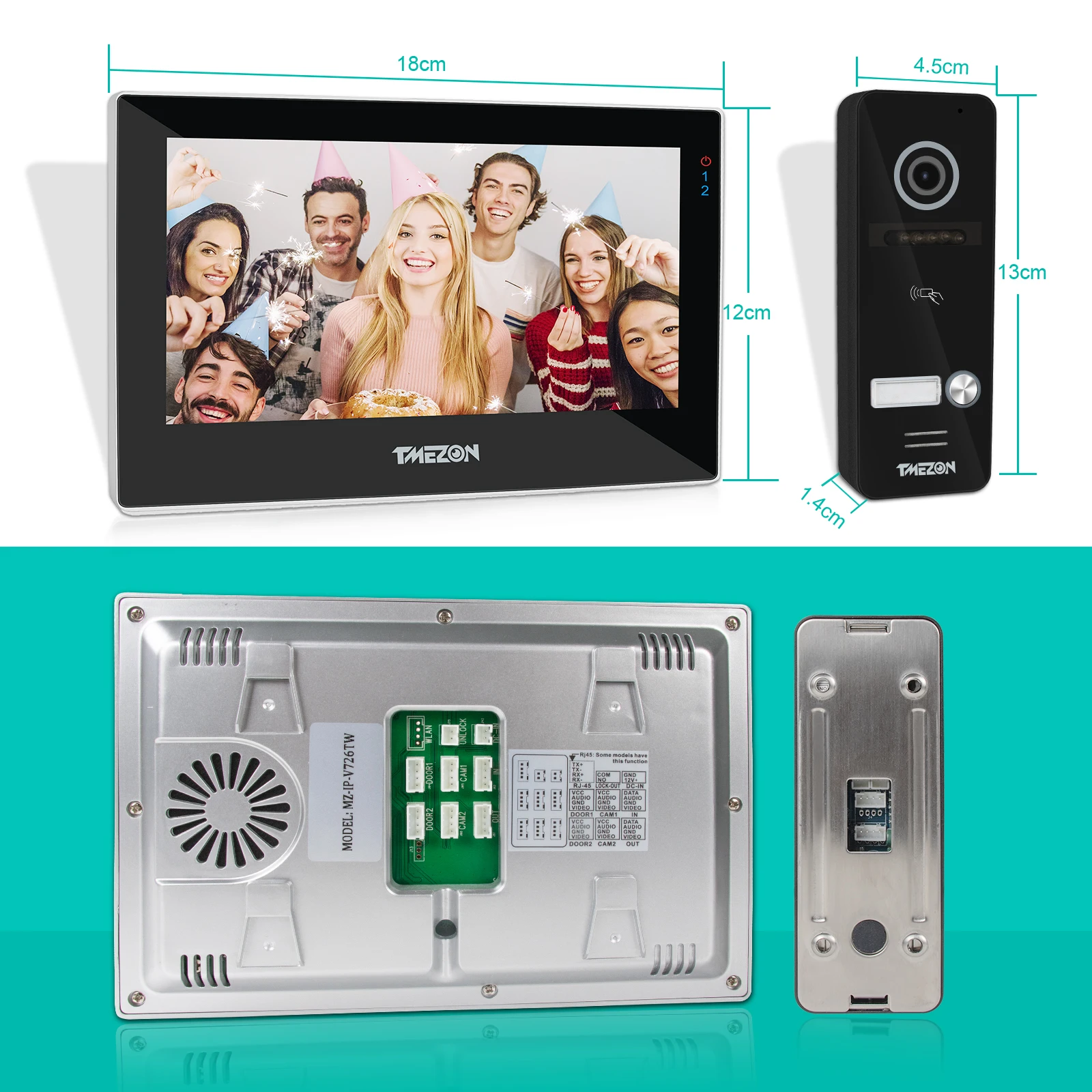 TMEZON 1080P 4-Draht Video Türsprechanlage 7" Monitor 2x AHD Überwachungskamera
