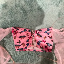 CHRONSTYLE mujeres estampado de mariposa blusas Crop Tops cuello barra larga Puff manga hombro sin espalda jerseys