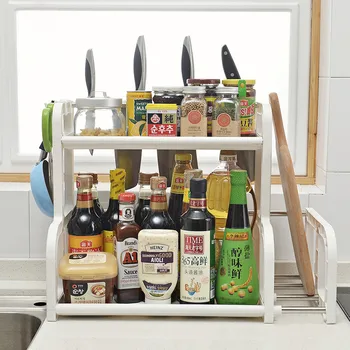 

2-Tier Kitchen Counter Pantry Organizer Oil Bottle Jar Storage Rack Knife Cutting Board Holder Cabinet Organization Products