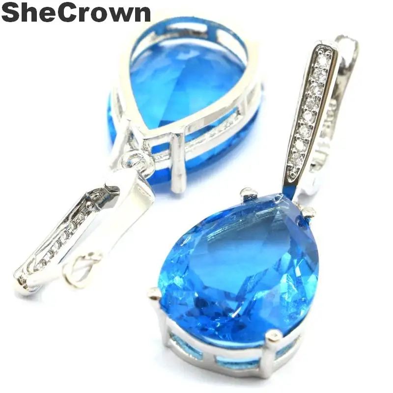 SheCrown форма капли 18x13 мм создан Лондон Голубой топаз CZ подарок для Сестры Серебряные серьги 35x13 мм