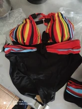 Nueva llegada verano vendaje mujer conjunto de Bikini con cuello Halter Multi Color rayas de Bowknot decorado Bikinis natación traje de gran baño