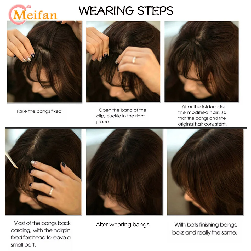 MEIFAN Synthetic Invisible Natural Bangs Straight Clip-in Front Fringe Black Brown Bangs Extensions for Women images - 6