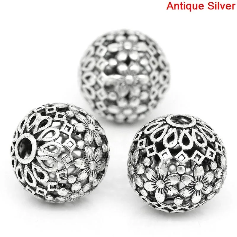 Spacer Beads Doreen Box Copper Round Antique Bronze Flower Pattern Hollow 17mm x 16mm For DIY Jewelry Making Hole:2mm 5PCs