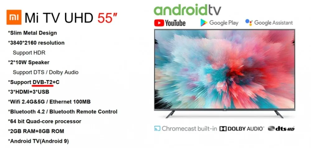 Телевизор ТВ Xiaomi Mi TV 4S 55" T2 Global EU(с поддержкой российского цифрового стандарта DVB-T2) 3840*2160 4K HDR 2 ГБ+ 8 Гб