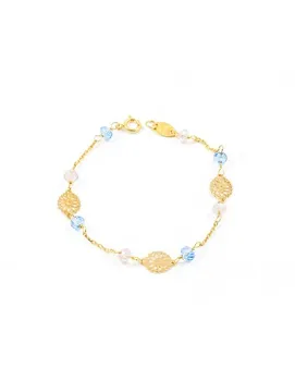 

Gold bracelet baby or girl fits puffs & gemstones blue and pinks