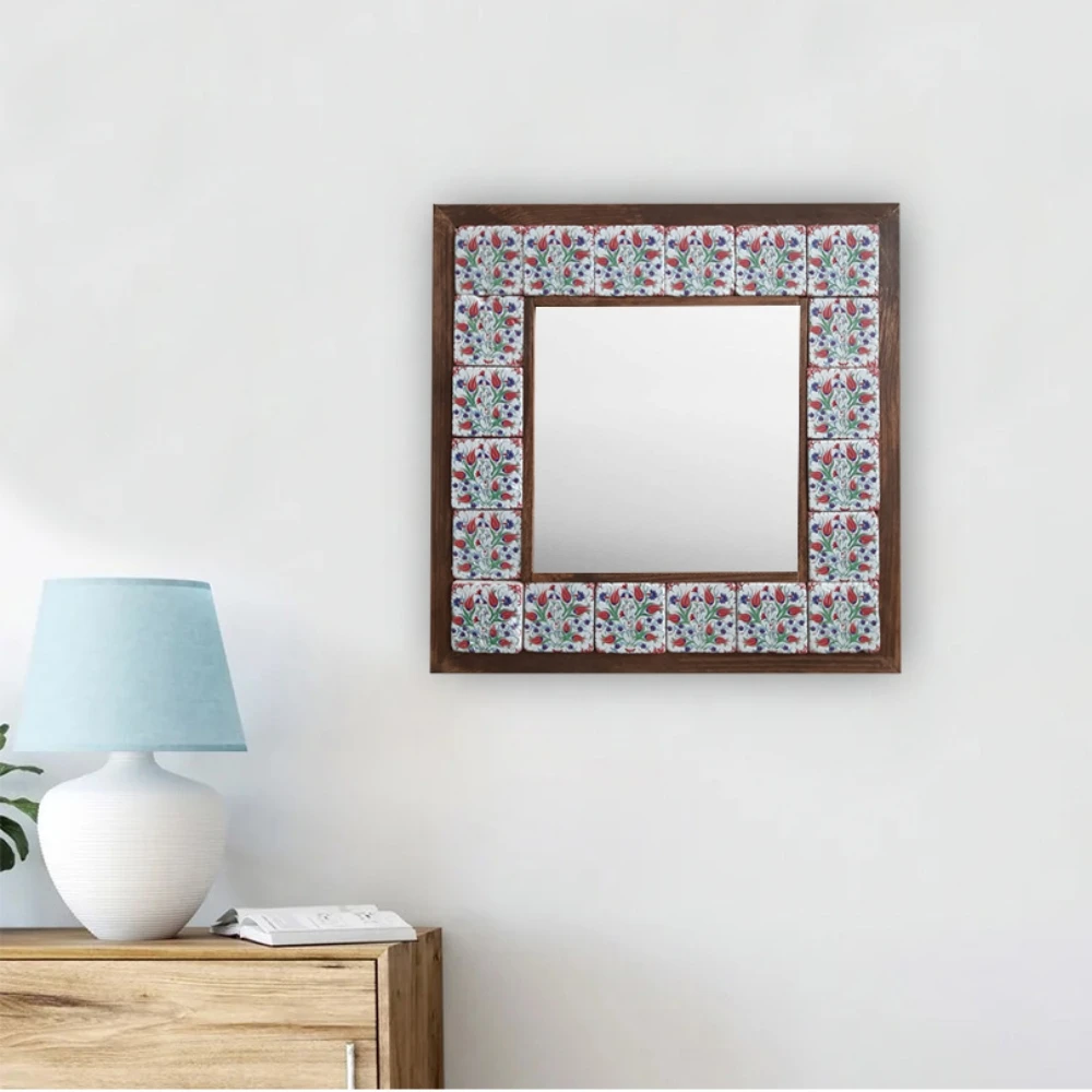 

Handmade Wall Mirror Decorative Natural Stone Wooden Framed Art Decor Vintage Mosaic Printed Tile Square Gift Hang 33cmx33cm