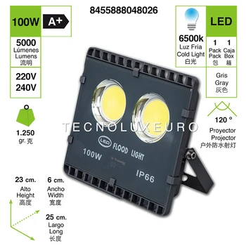 

100w Floodlight Led Foco Proyector Led para Exterior Iluminación Decoración 6500k IP66 gris Clase de eficiencia energética A++