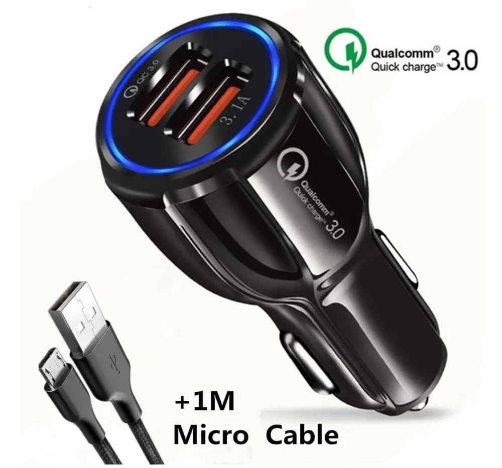USB мобильный телефон автомобильное зарядное устройство-Qualcom 3,0 Быстрая зарядка+ 1 м Ультра быстрый кабель+ отслеживание груза samsung Iphone